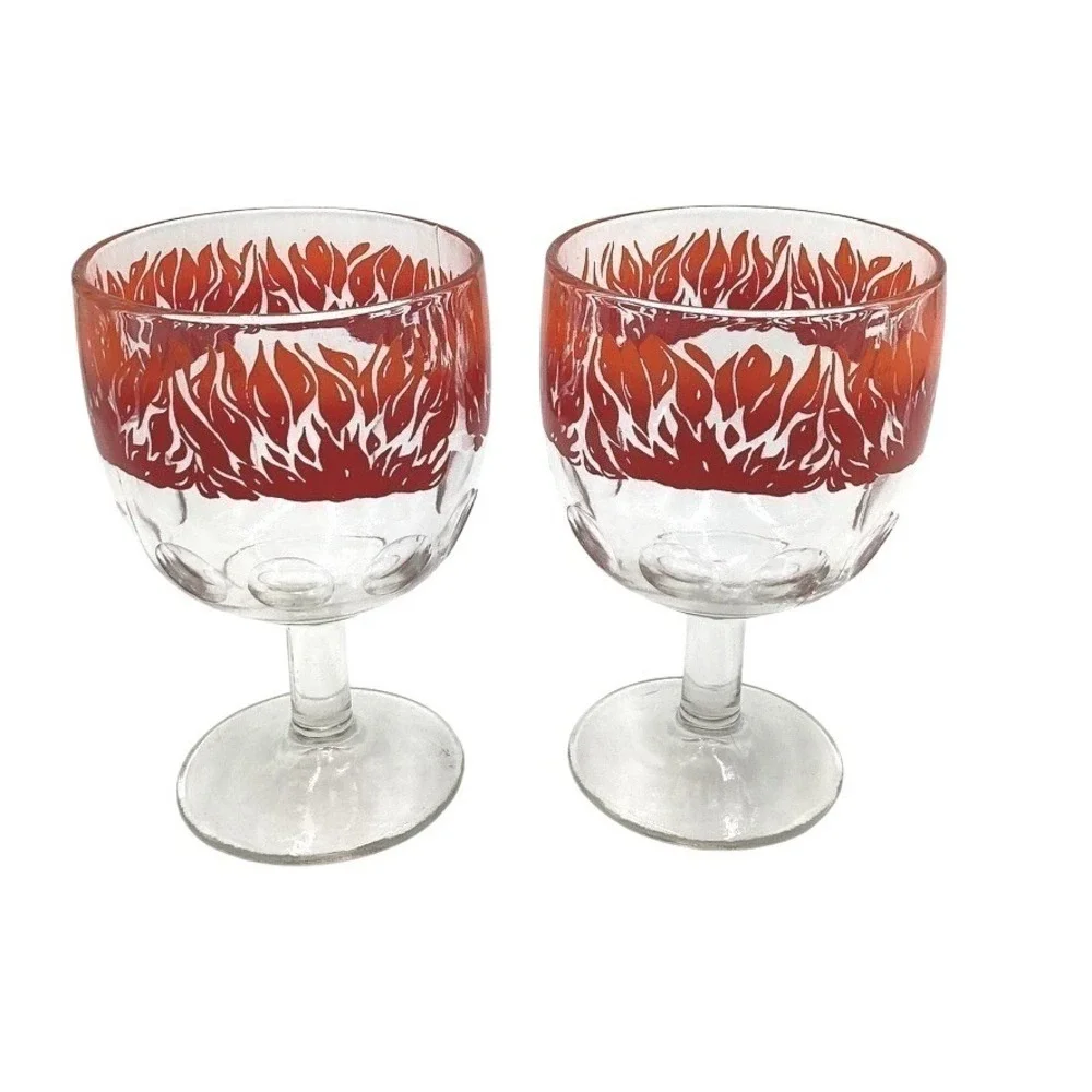 Vintage Thumb Print Flame‎ Design Wine Glasses Set of 2 Clear Red Goblets